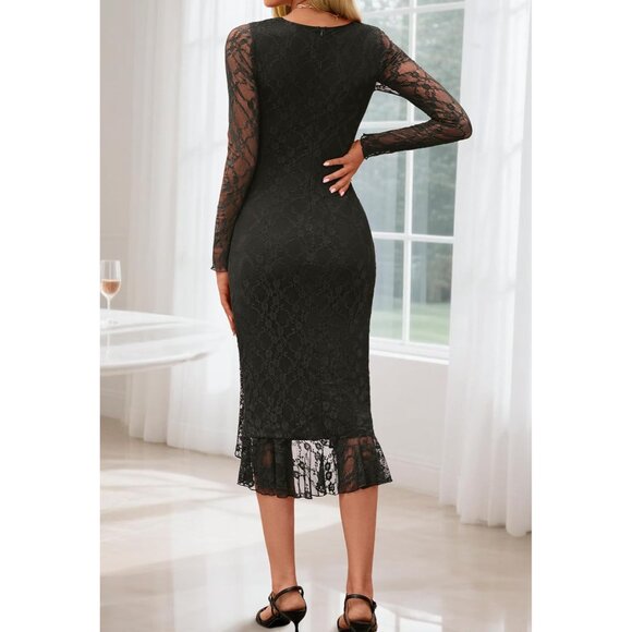 Women's Lace Bodycon Dress Long Sleeve Square Neck Ruffle Hem for Wedding and Pa - Picture 4 of 8